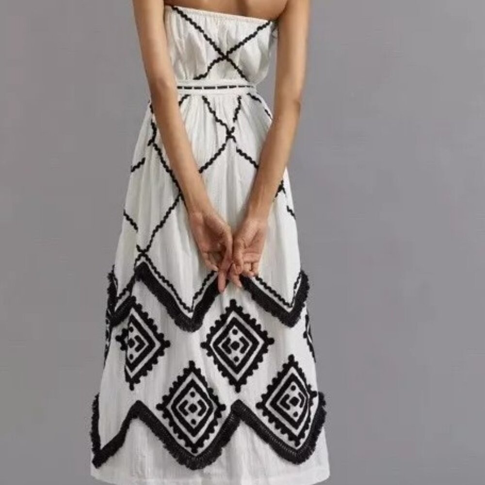 Anthropologie White Maxi Dress with Black Geometric Trim - Picture 3 of 7